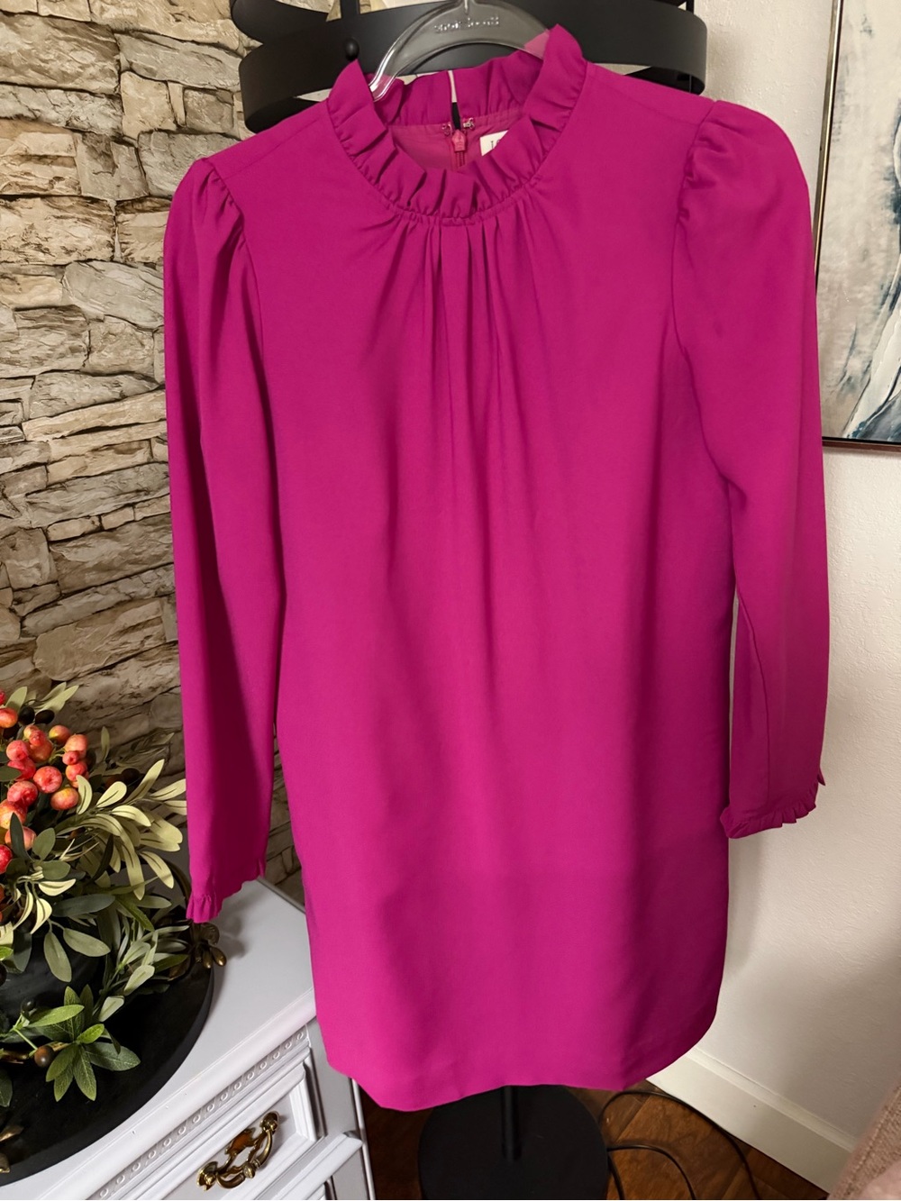 J. Crew Ruffle Neck Long Sleeve Shift Dress - Fuchsia